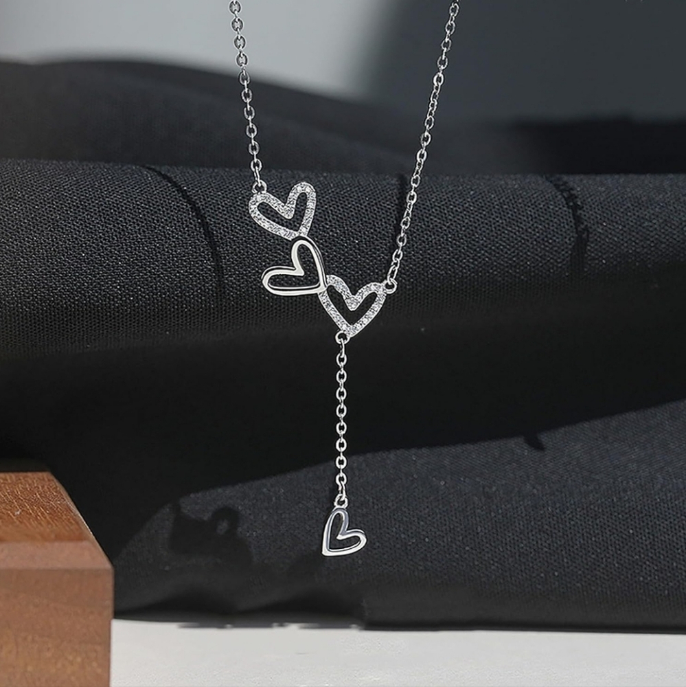 Dainty Silver Heart Lariat Necklace –  Y-Shaped Pendant with Cubic Zirco…